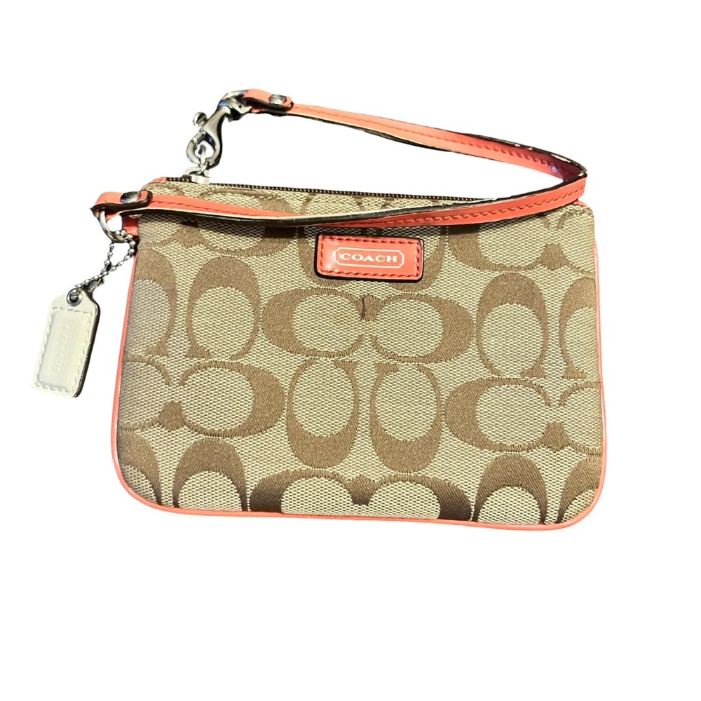 Coach Signature Brown Wristlet with Pink Trim